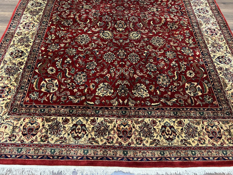 Vintage Indo Persian Rug 6x9, Very Finely Hand-Knotted Carpet 6 x 9 Red Cream Indian Oriental Carpet, Traditional Floral Wool Area Rug 1970s by Jewel Rugs