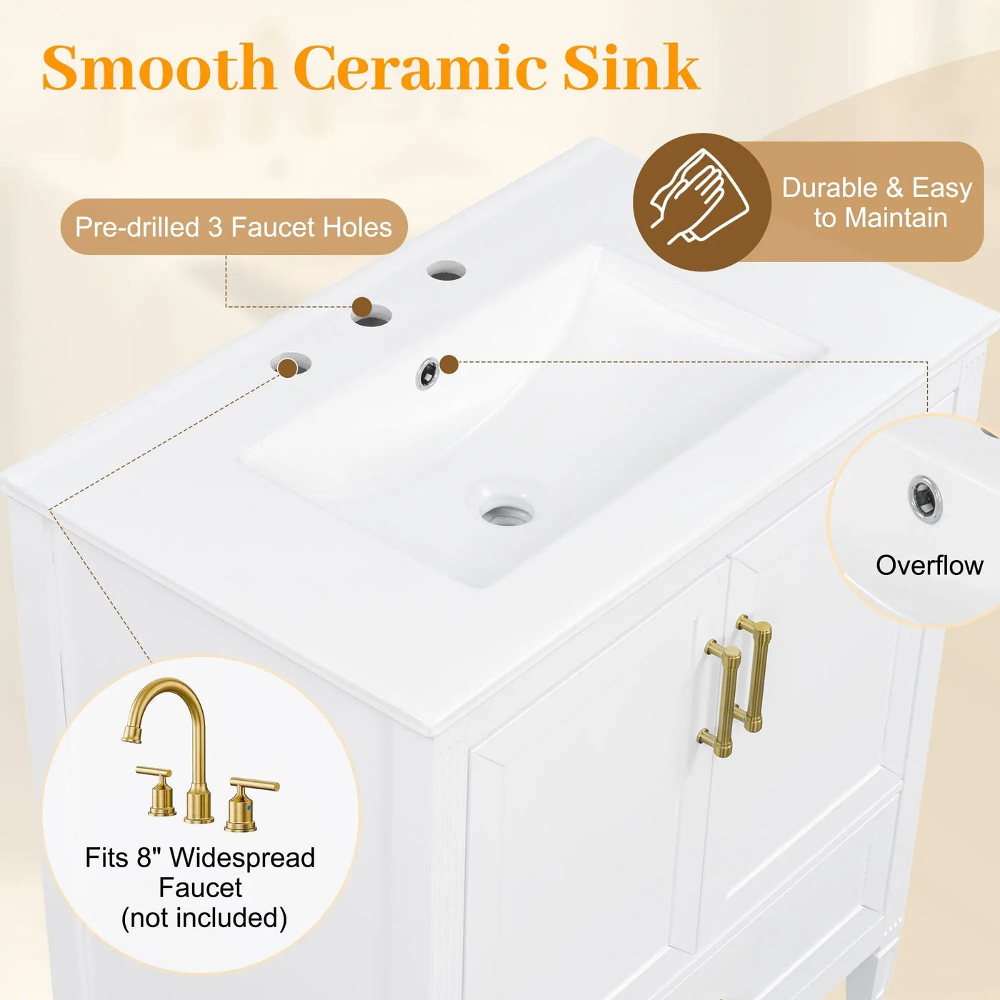 Elegant Fluted Bathroom Vanity With Sink, Soft Close Doors & Drawer by HouseOfZazla