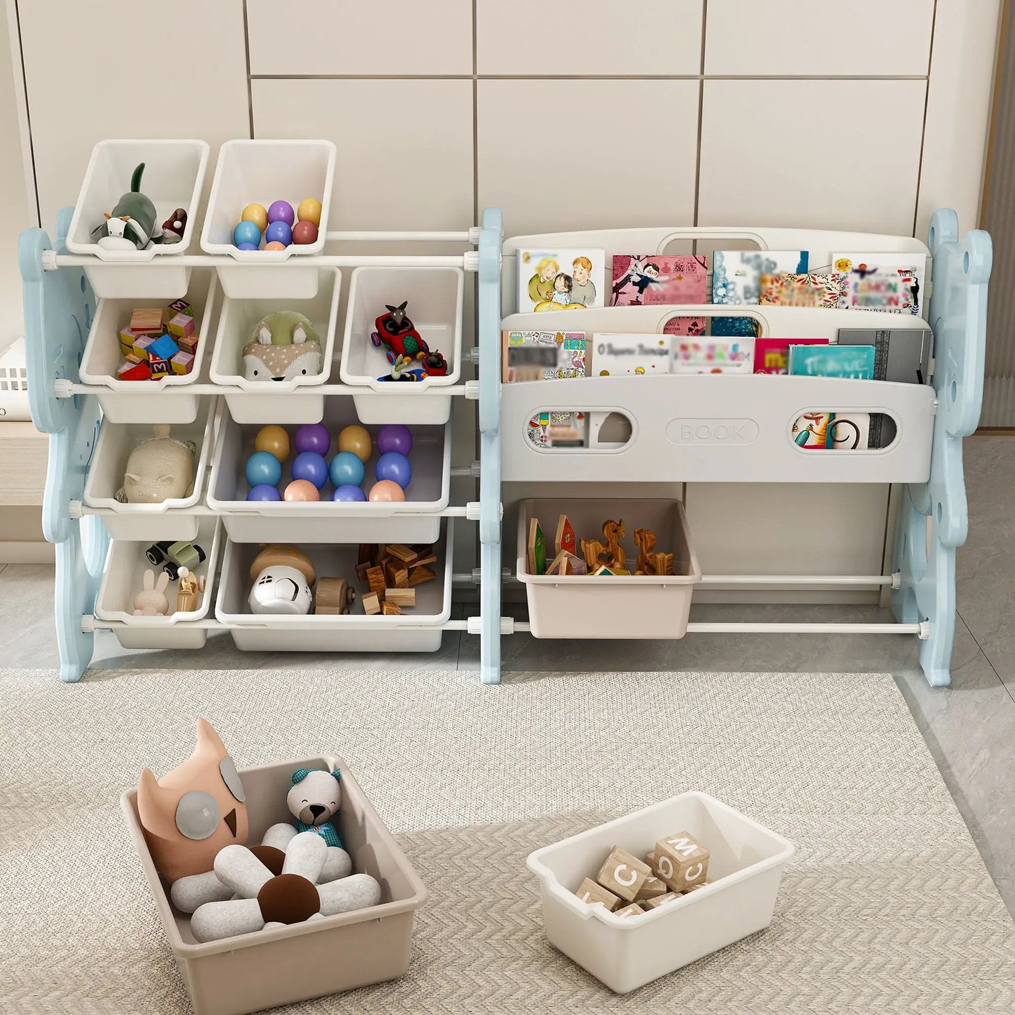 Kids Toy Storage Organizer With 2 Tier Bookshelf, Toy Storage With 12 Bins by Unique Piece Furniture