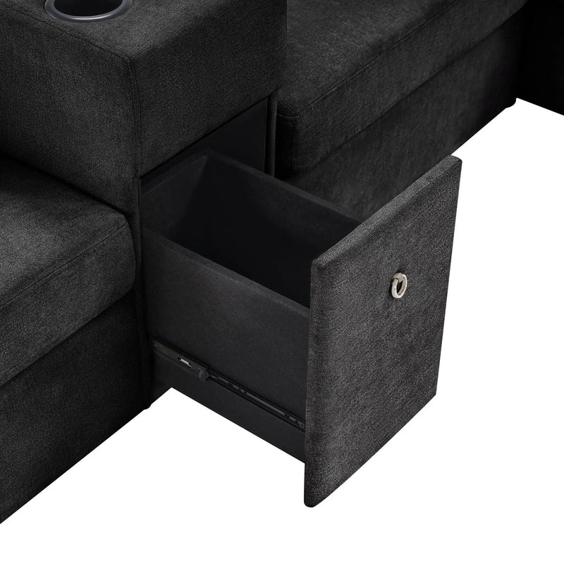 Modular 5 Seat U-Shape Sectional Sofa With Chaise Lounge, Built In Cup Holders And Storage Drawer by HouseOfZazla