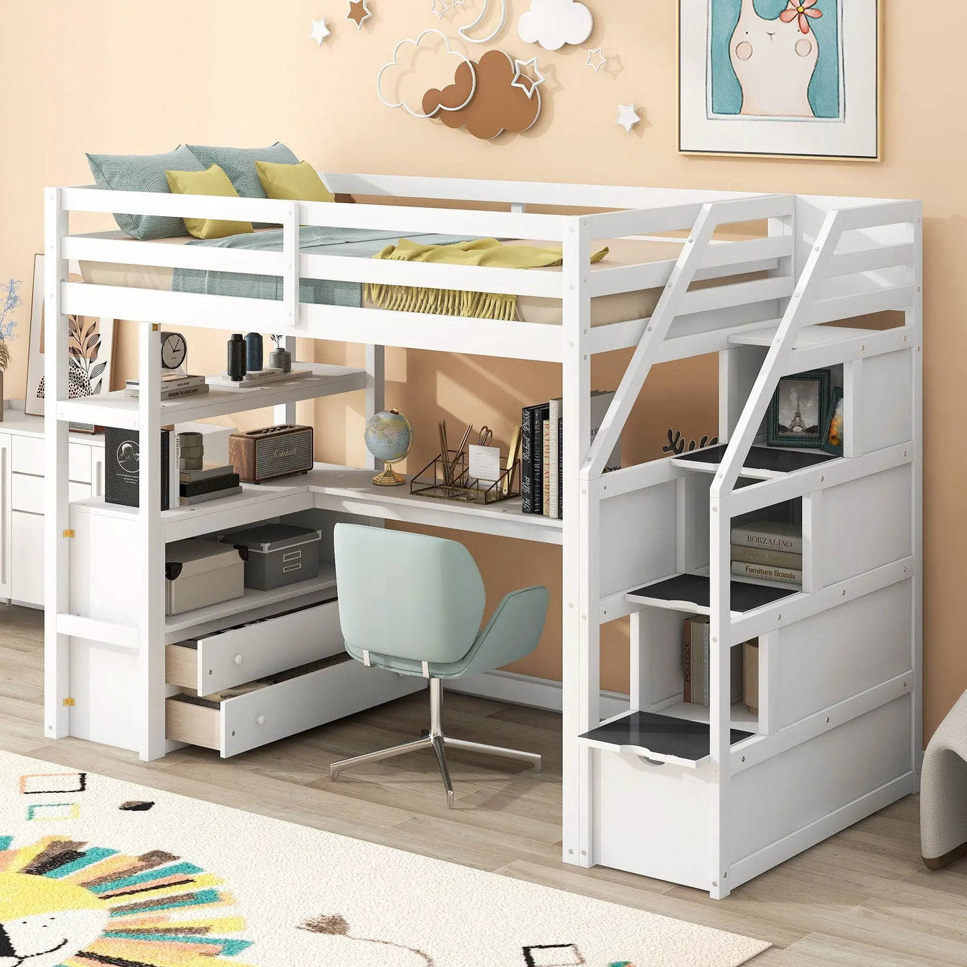 Loft Bed With Desk, Shelves, 2 Drawers, Storage Staircase by Unique Piece Furniture