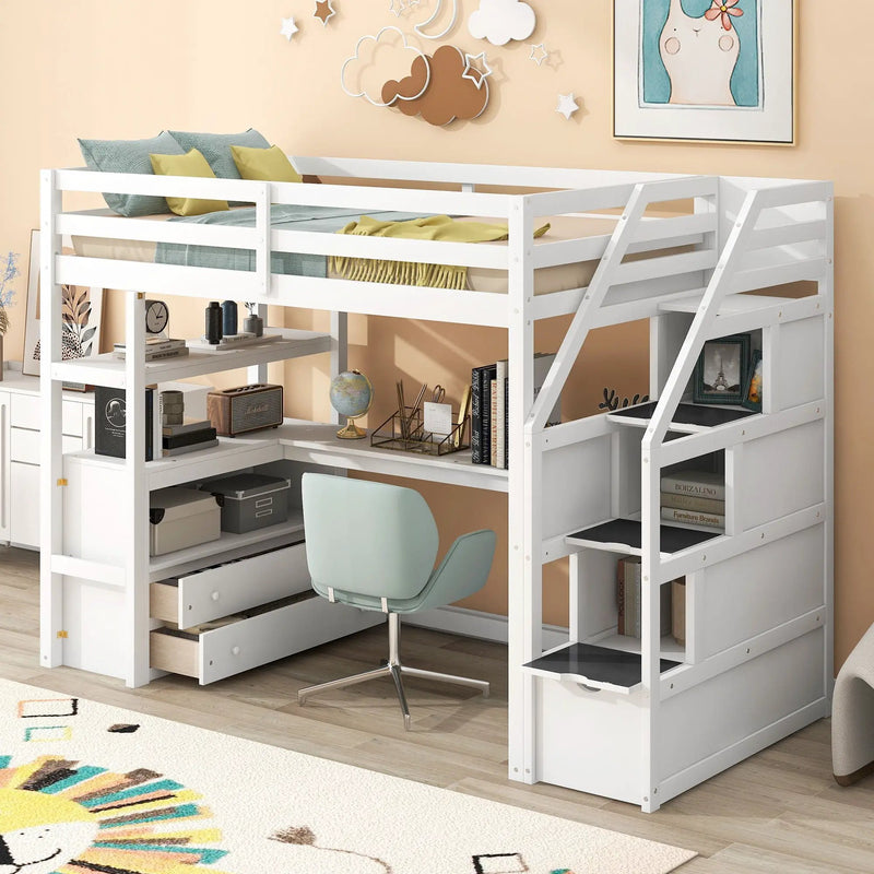 Loft Bed With Desk, Shelves, 2 Drawers, Storage Staircase by HouseOfZazla