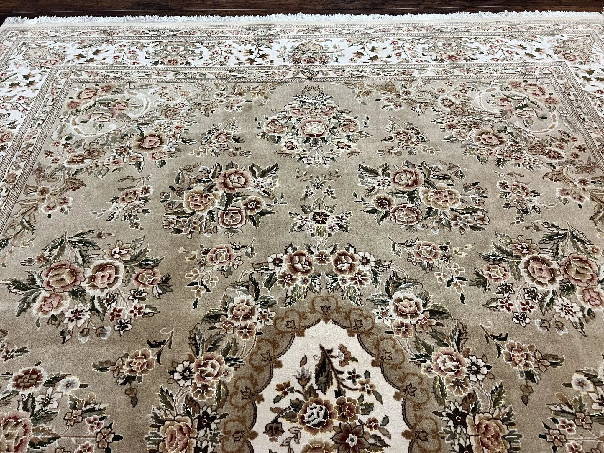 Sino Persian Rug 8x10, Soft Wool, Silk Highlights, Hand Knotted Vintage Carpet, Taupe & Ivory, Floral, Traditional Rug 8 x 10 by Jewel Rugs
