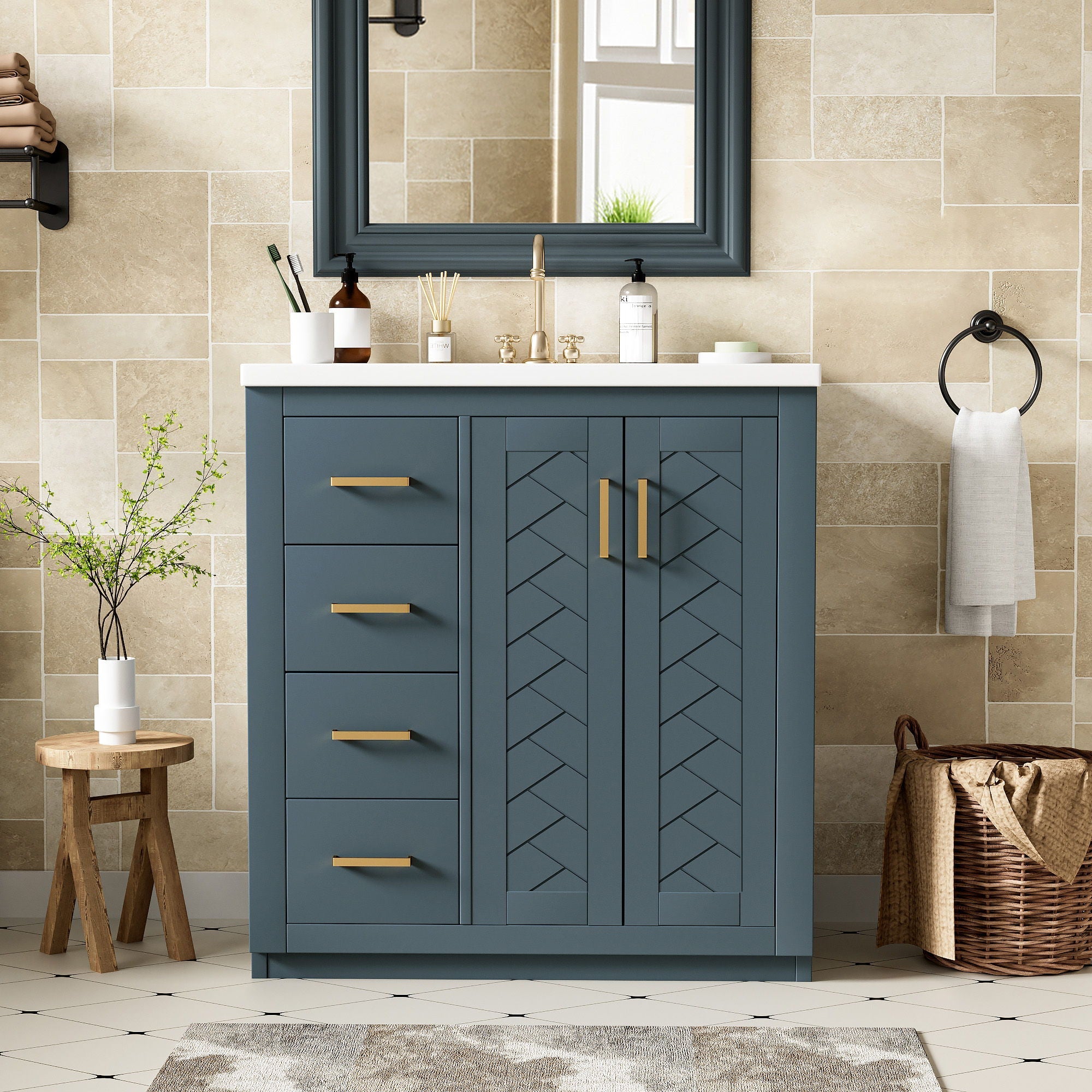 Ceramic Sink Combo, Freestanding Vanity Set With 3 Drawers & Soft Closing Doors by HouseOfZazla