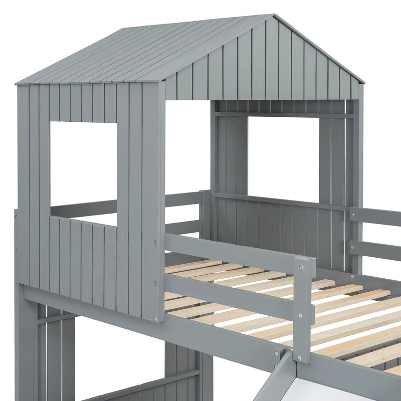 Loft Bunk Bed With Playhouse, Farmhouse, Ladder, Slide And Guardrails by HouseOfZazla