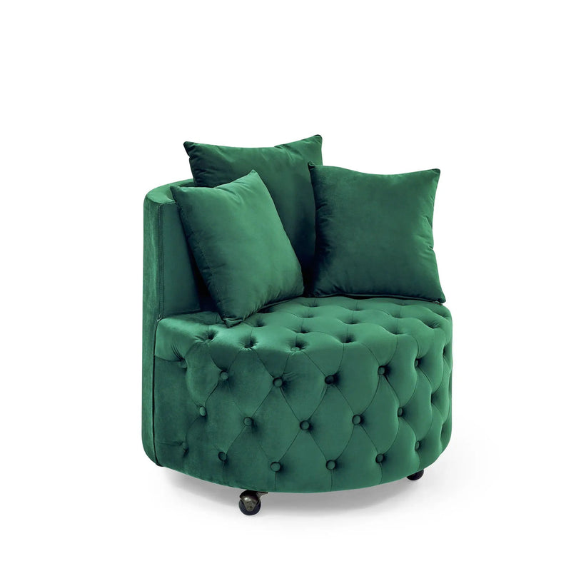 Modern Upholstered Swivel Chair With Button Tufted Design And Movable Wheels by HouseOfZazla