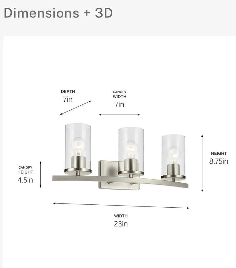 Open Box "KICHLER Crosby 23"" 3-Light Vanity Light with Clear Glass in Brushed Nickel, for Bathroom, Powder Room, (23"" x 8.75""), 45497NICLR" by Selzalot