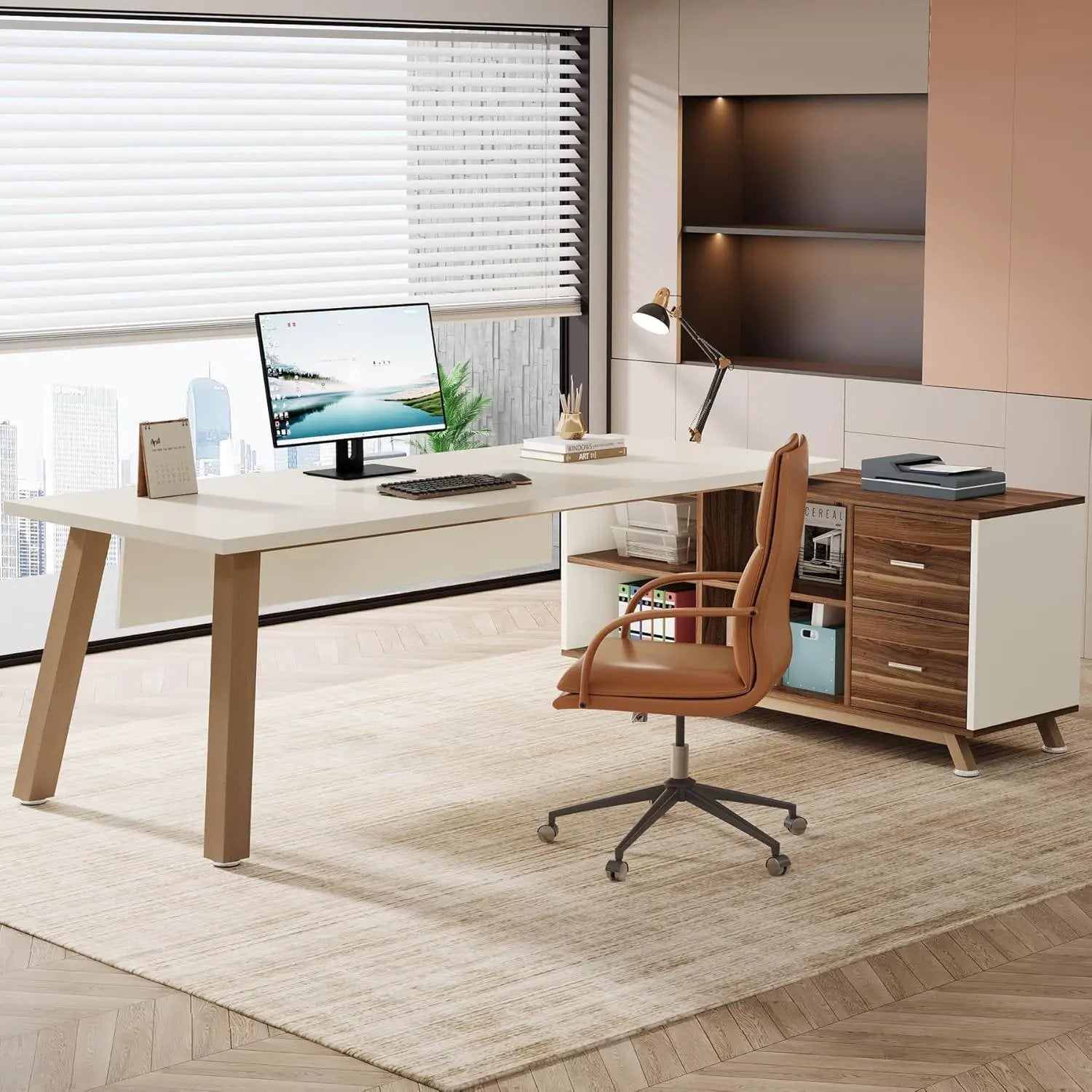 L-Shaped Executive Desk With File Cabinet, Computer Workstation With Drawers And Shelves For Home Office - White / Walnut by HouseOfZazla