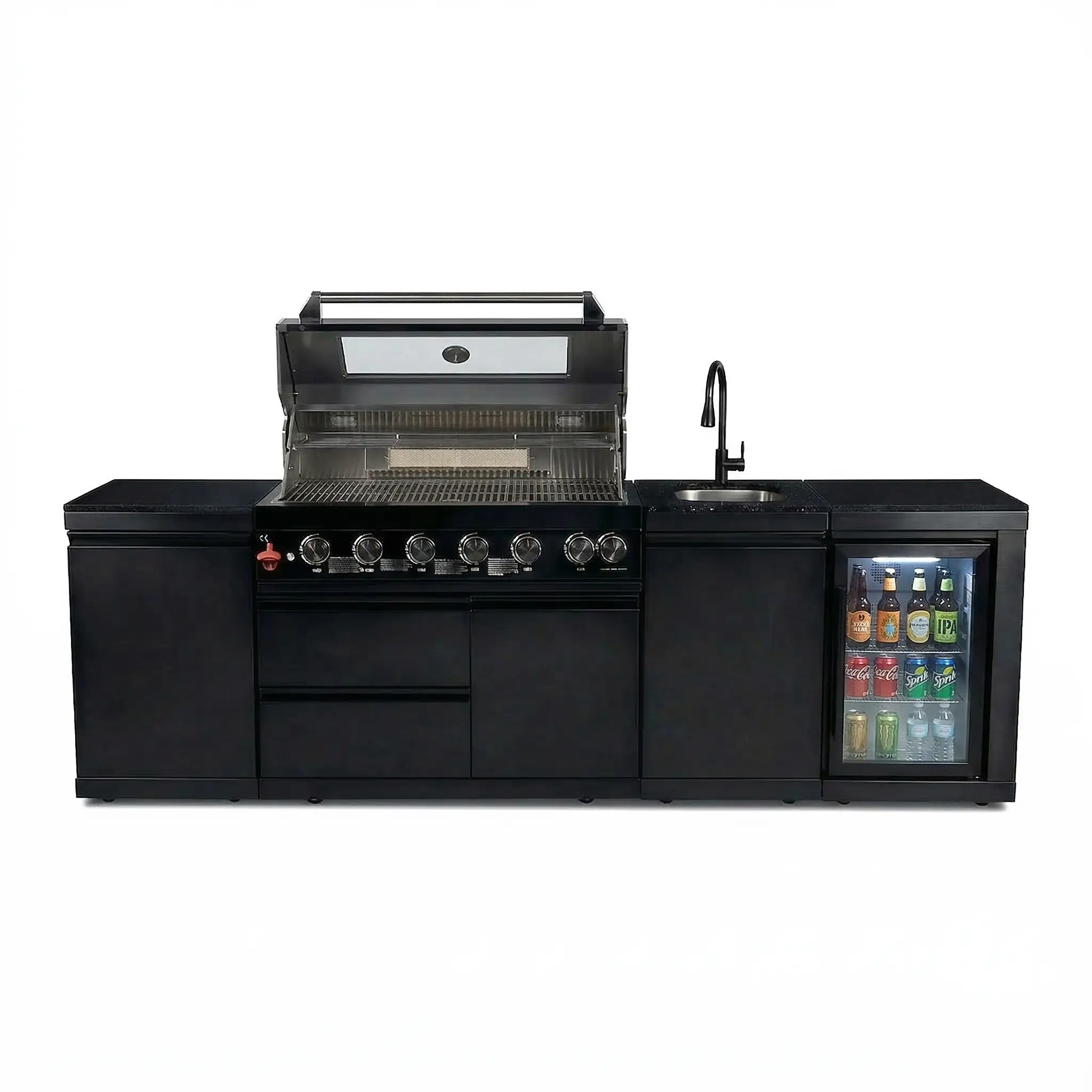 102" 6-Burner 85,000 BTU Black Outdoor Kitchen Island Grill + Refrigerator + Marble Countertops + Sink by Chery Industrial