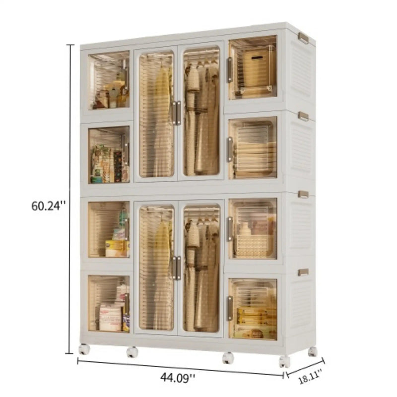 Portable Wardrobe Closet Storage Organizer For Clothes With Magnetic Doors, 12 Cubes & 2 Hanging Rods - White by HouseOfZazla