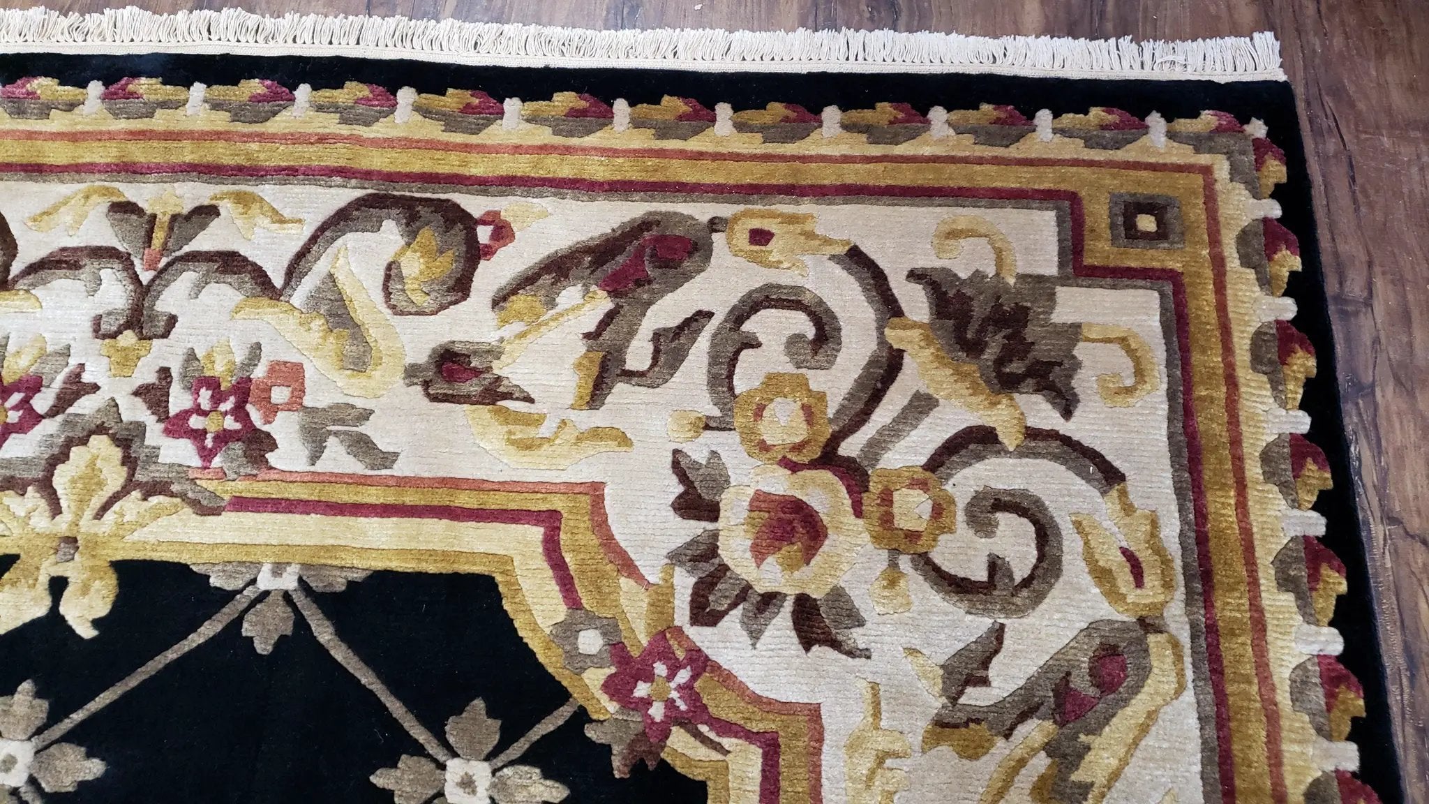 Nepal Rug 6x9, New Aubusson Nepalese Tibetan Carpet 6'1" x 8' 8", Hand-Knotted Wool, Unused, Black & Cream, Savonnerie Pattern, Soft Pile by Jewel Rugs
