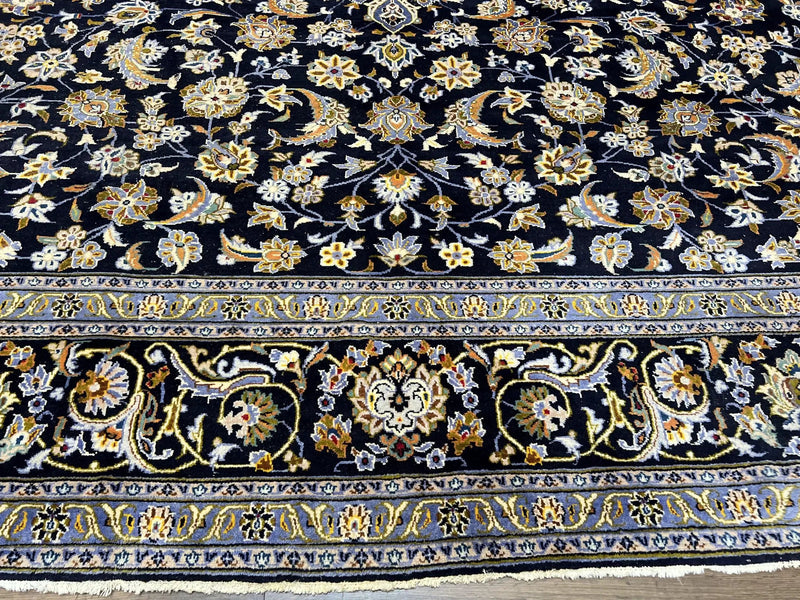 Wonderful Navy Blue Persian Kashan Rug 11x13, Allover Floral Design with Central Medallion, Wool Hand-Knotted Antique Carpet, Signed Rabani Rug by Jewel Rugs