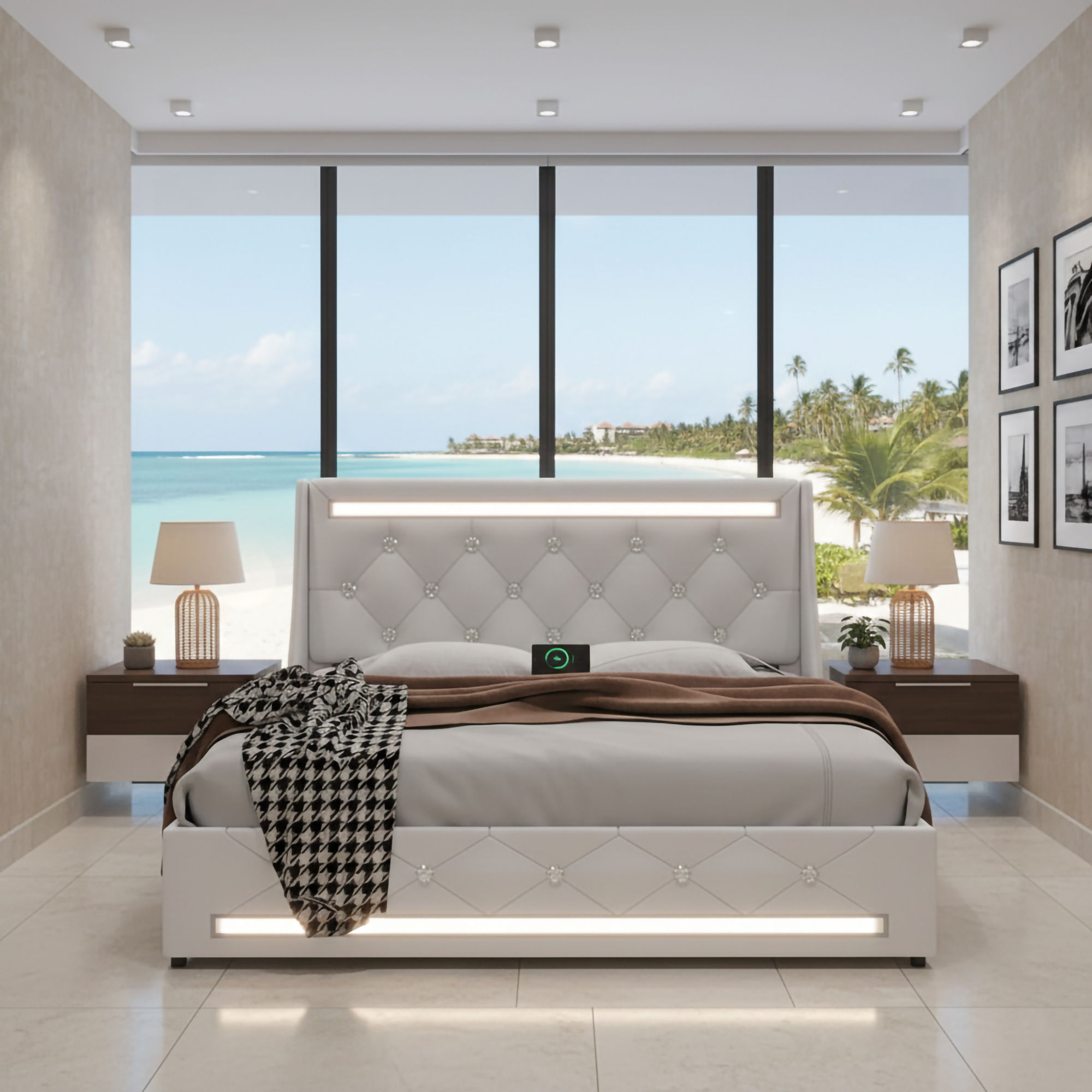 Wingback Upholstered Bed Frame With LED Lights, Charging Station by HouseOfZazla