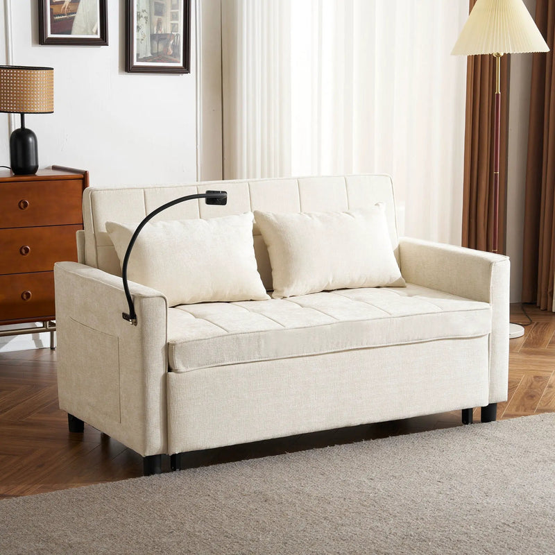 Pull-Out Sleeper Sofa With Reversible Backrest Cushion, Side Pockets, 2 USB Ports And A Phone Holder For Living Room by HouseOfZazla