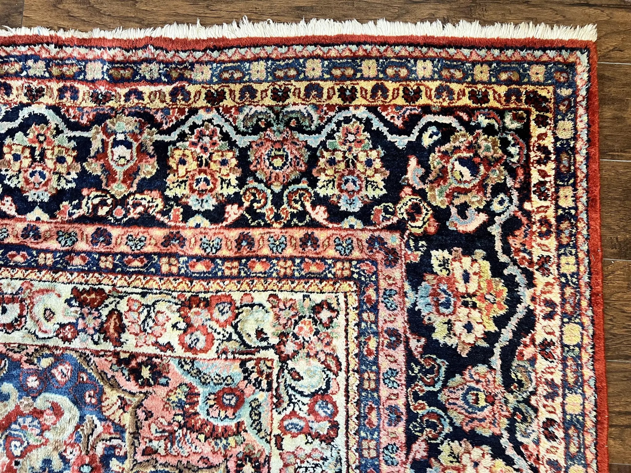 Persian Sarouk Rug 11x14, Semi Open Field, Large Antique Persian Wool Handmade Carpet, Red and Dark Blue, Floral by Jewel Rugs