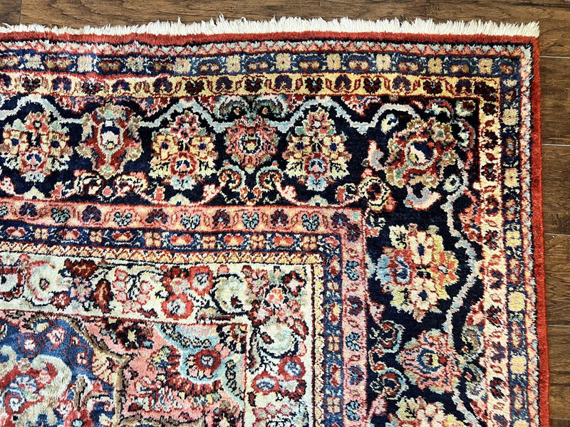 Persian Sarouk Rug 11x14, Semi Open Field, Large Antique Persian Wool Handmade Carpet, Red and Dark Blue, Floral by Jewel Rugs