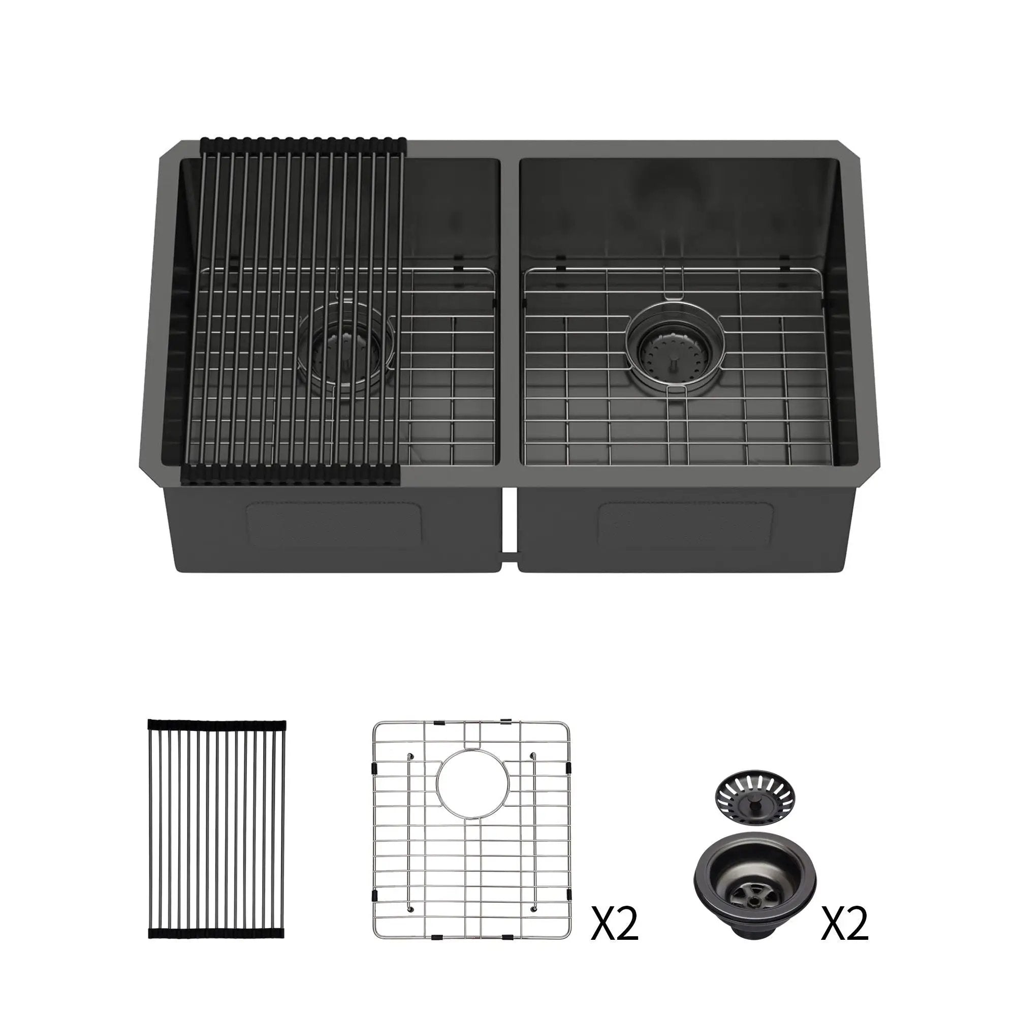 Double Bowl Undermount Kitchen Sink 16 Gauge 33" x 19" with Dual 10" Deep Basins - Gunmetal Black by HouseOfZazla