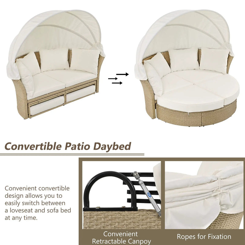 Outdoor Patio Daybed Wicker Rattan Double Daybed Round Sofa Furniture Set With Retractable Canopy, 4 Pillows For Lawn Garden by Unique Piece Furniture