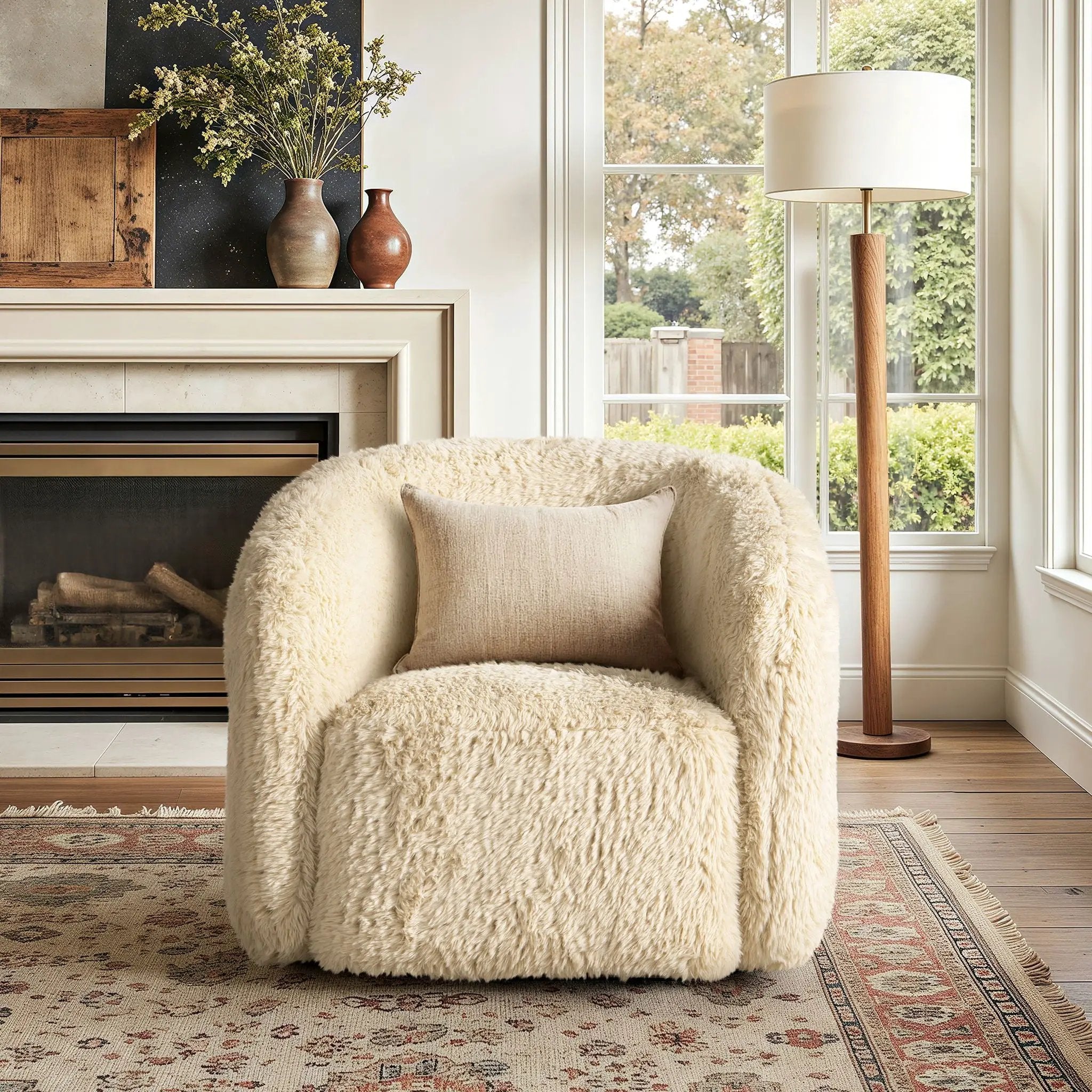 Colt - Fur Swivel Upholstered Barrel Accent Arm Chair - Cream Beige by Unique Piece Furniture