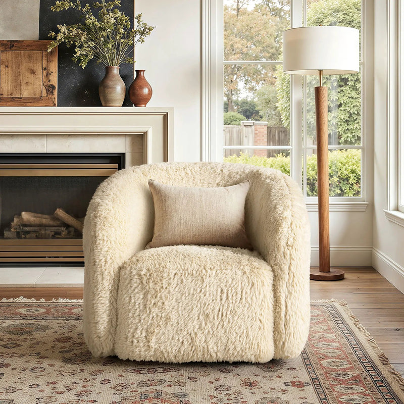 Colt - Fur Swivel Upholstered Barrel Accent Arm Chair - Cream Beige by HouseOfZazla