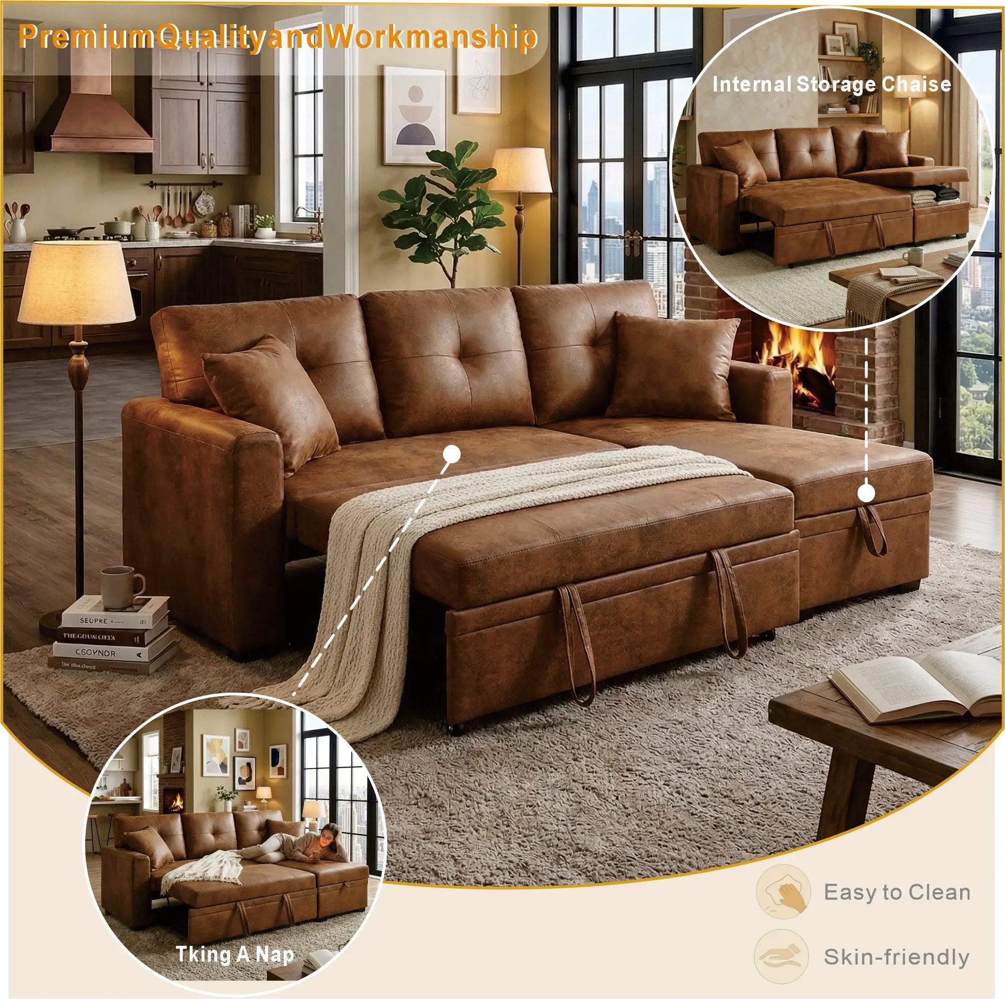 Reversible Chaise Sleeper Sofa with Pull-Out Bed by HouseOfZazla