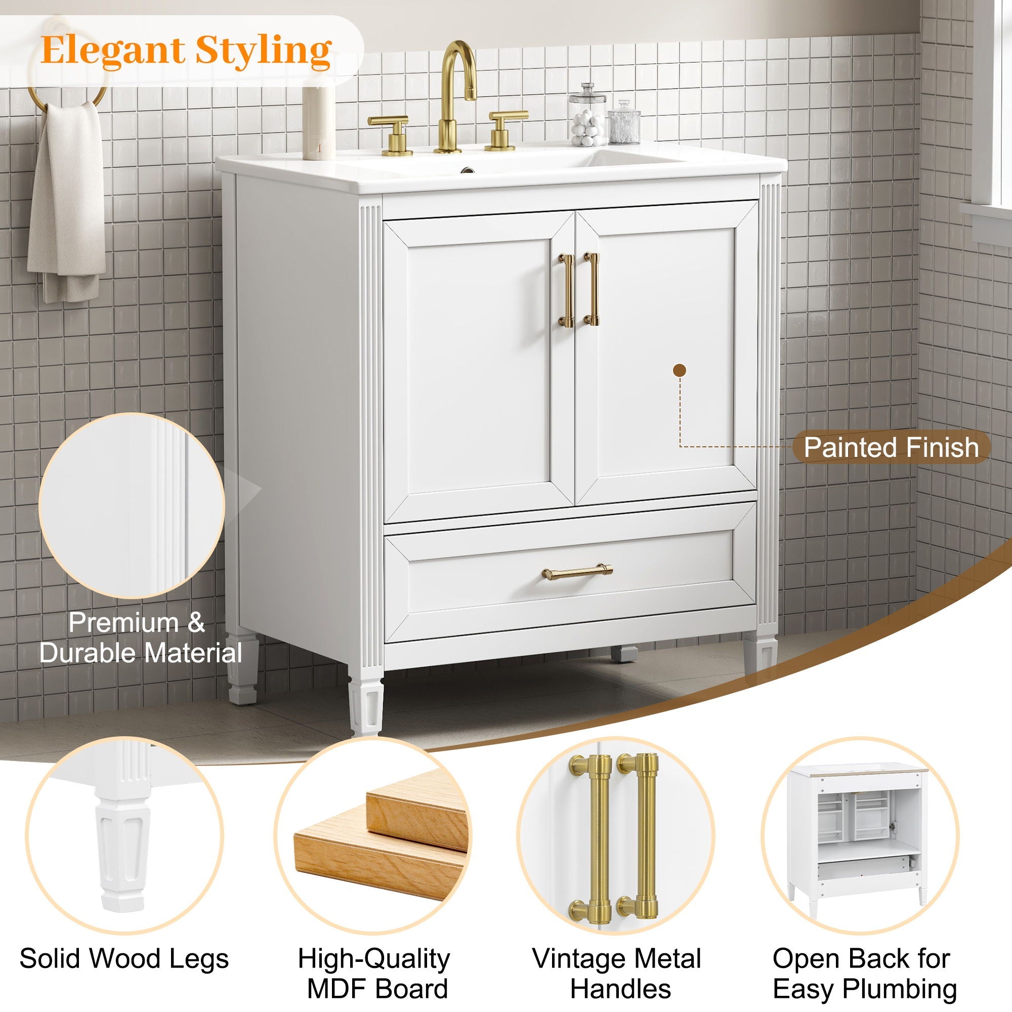 Elegant Fluted Bathroom Vanity With Sink, Soft Close Doors & Drawer by HouseOfZazla