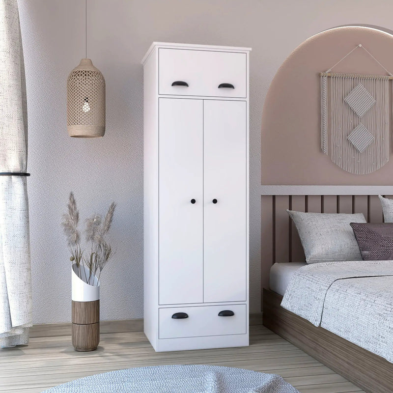 Dresser Closet With Upper Storage Covered With 1 Door, 2 Central Shelves, 1 Tube For Hanging Clothes Covered By 2 Doors, 1 Drawer At The Bottom - White by Unique Piece Furniture