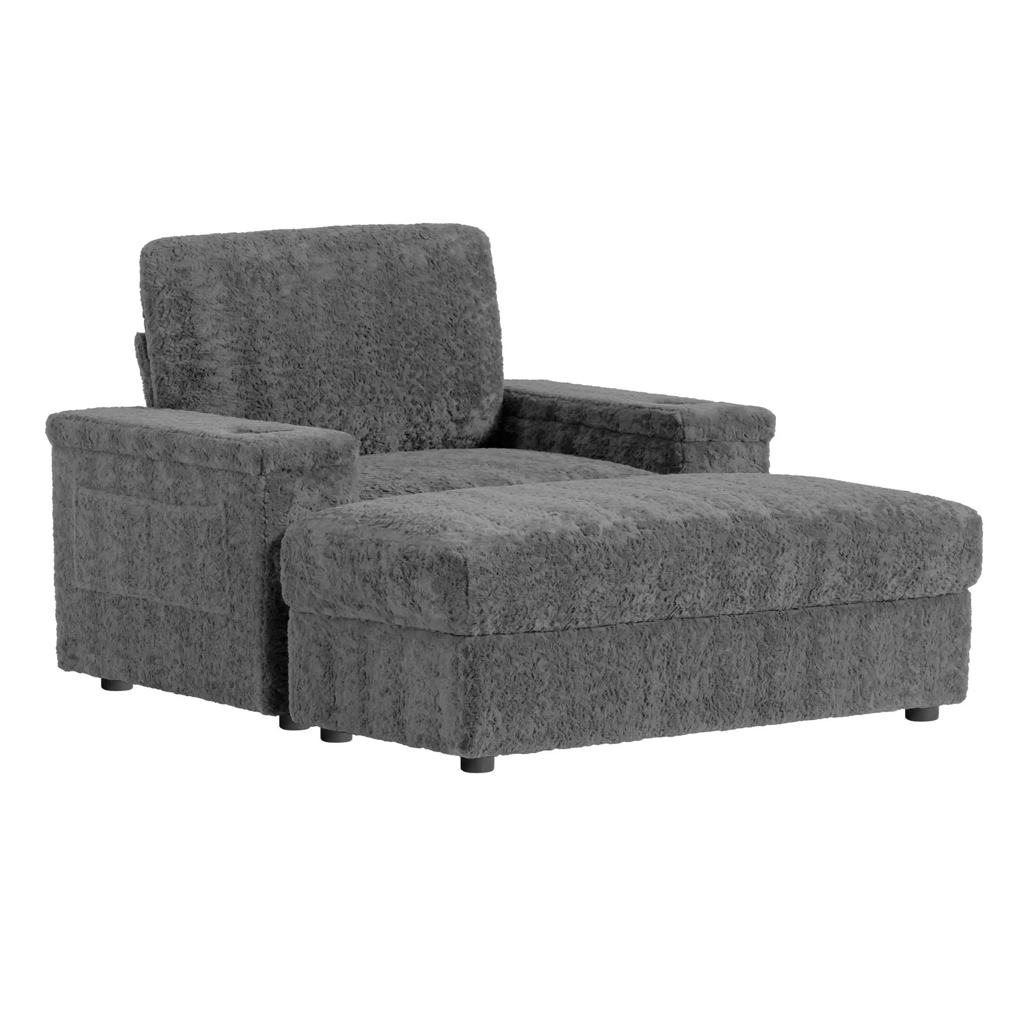 Oversized Chaise Lounge Indoor Rabbit Fur Sofa Bed With Storage Ottoman And Armrests Cup Holders With Deep Seat by HouseOfZazla