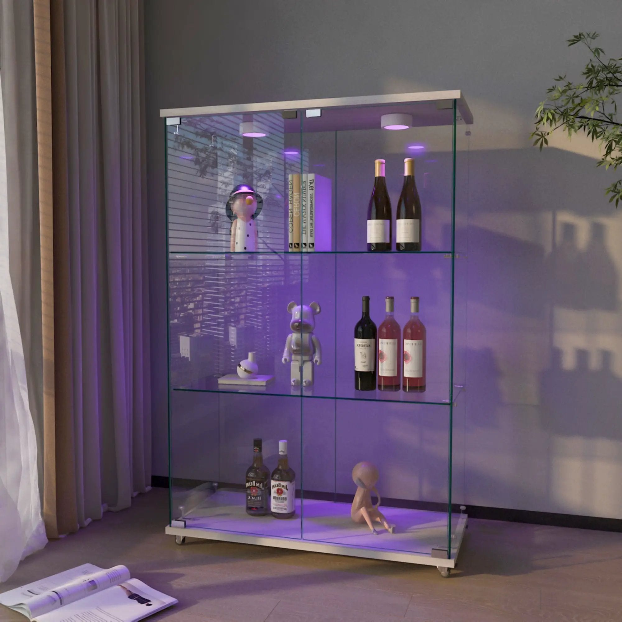 Modern Display Cabinet With LED Lights, Transparent Tempered Glass 2 Door Storage Case With 3 Shelves by Unique Piece Furniture