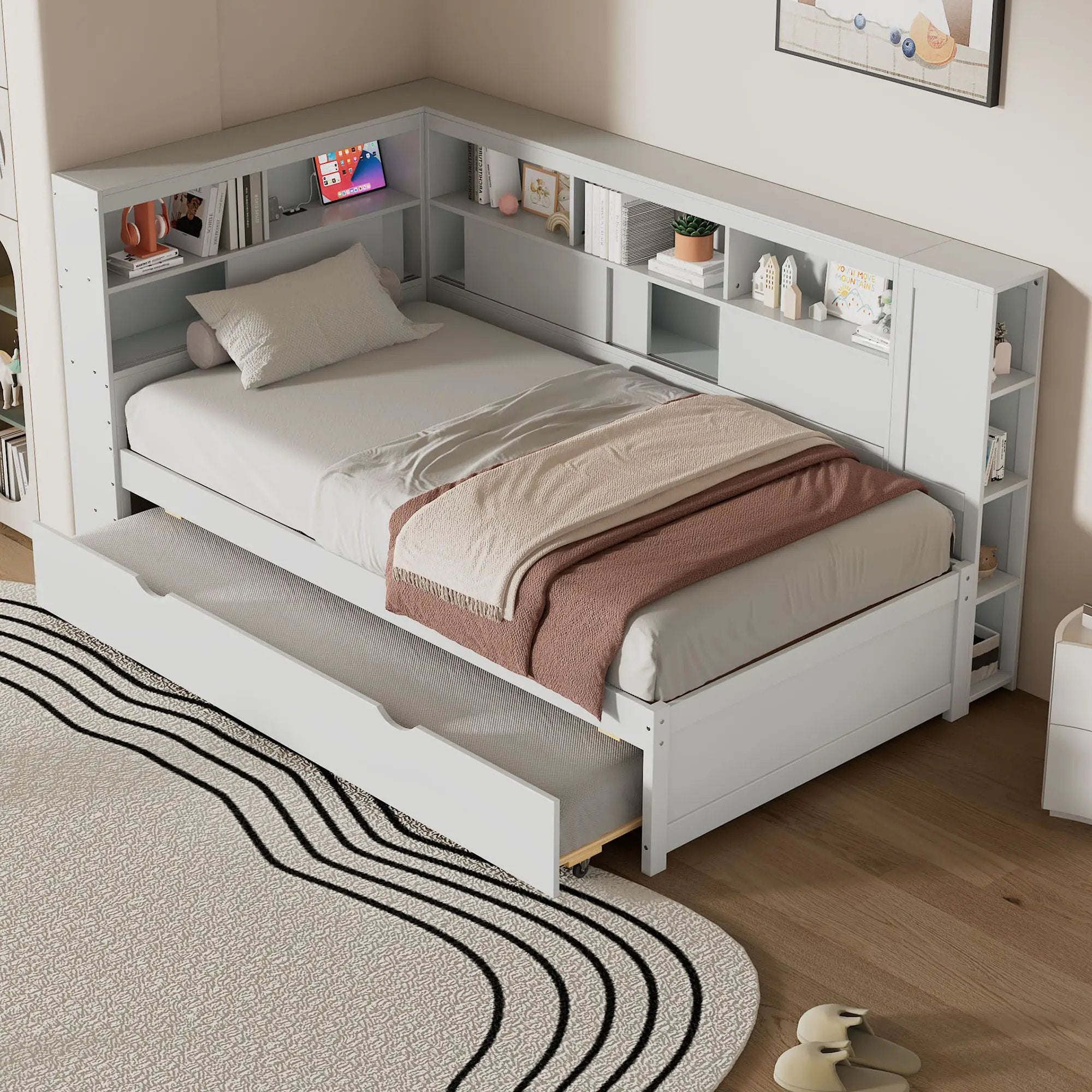 Daybed With Storage Shelves, USB Charging, And Trundle Bed by Unique Piece Furniture
