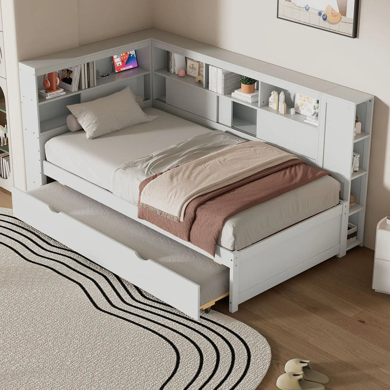 Daybed With Storage Shelves, USB Charging, And Trundle Bed by HouseOfZazla