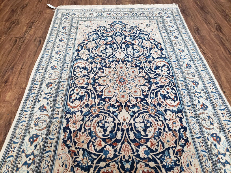 Persian Nain Rug 4x6, Ivory and Blue, Hand-Knotted, Wool & Silk by Jewel Rugs
