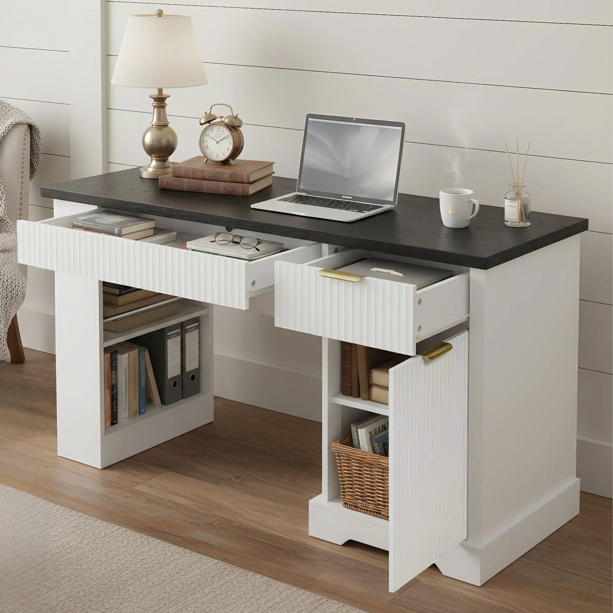 55" Modern Fluted Office Desk with Storage Cabinet & Drawers by HouseOfZazla