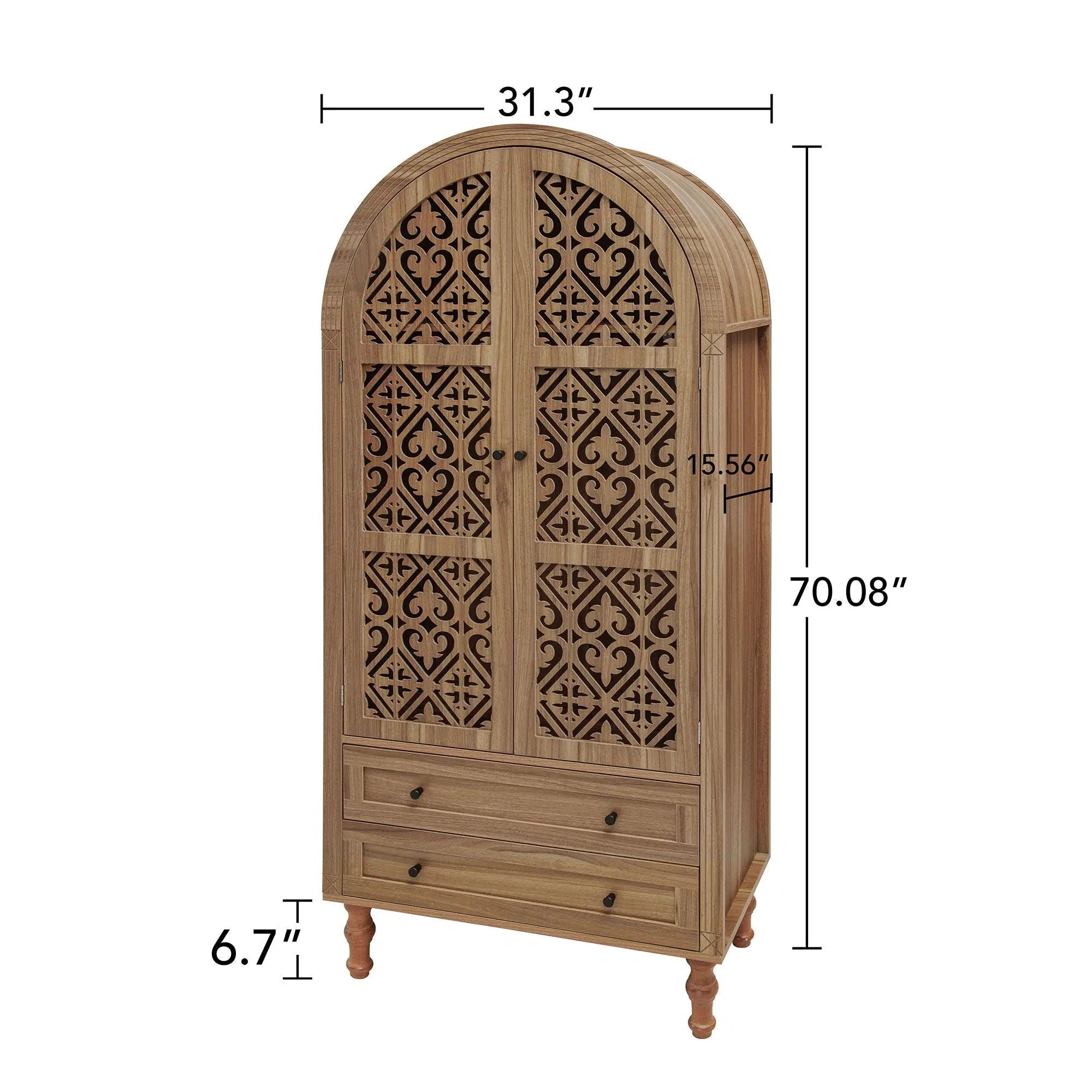 Tall Kitchen Pantry Cabinet With Hollow Carved Doors 2 Drawers And Adjustable Shelves Storage Display Cabinet For Kitchen Dining Room Or Living Room - Walnut by Unique Piece Furniture