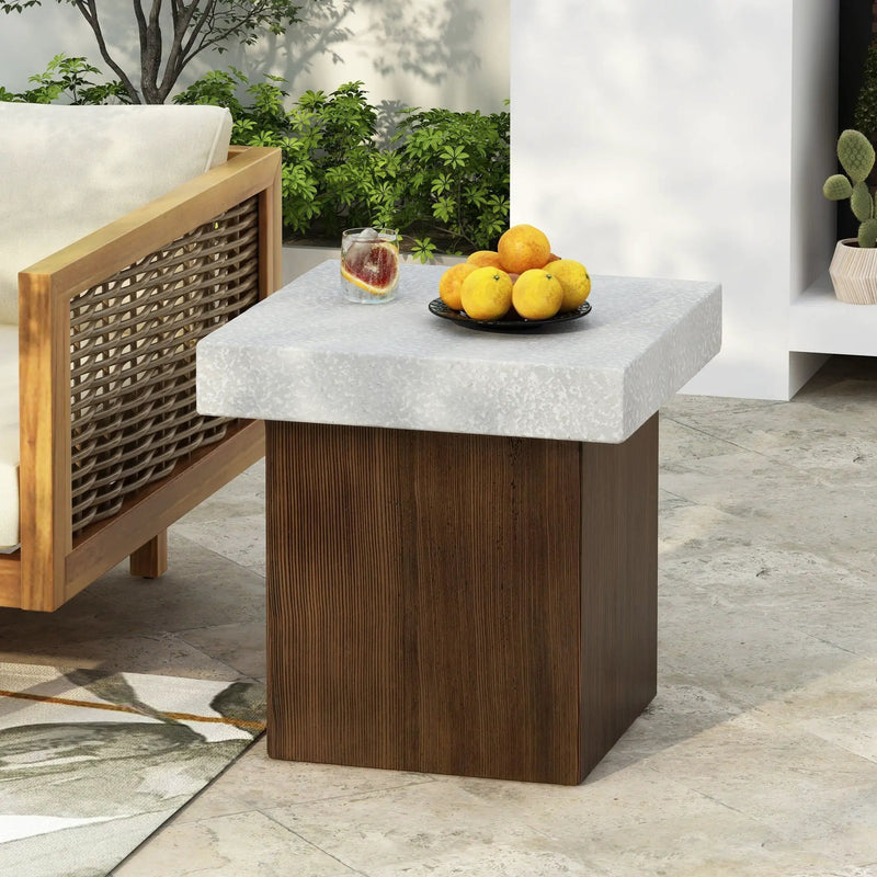 Mgo Square Side Table With Faux Stone Top And Wood Frame - Antique White / Natural Wood by HouseOfZazla