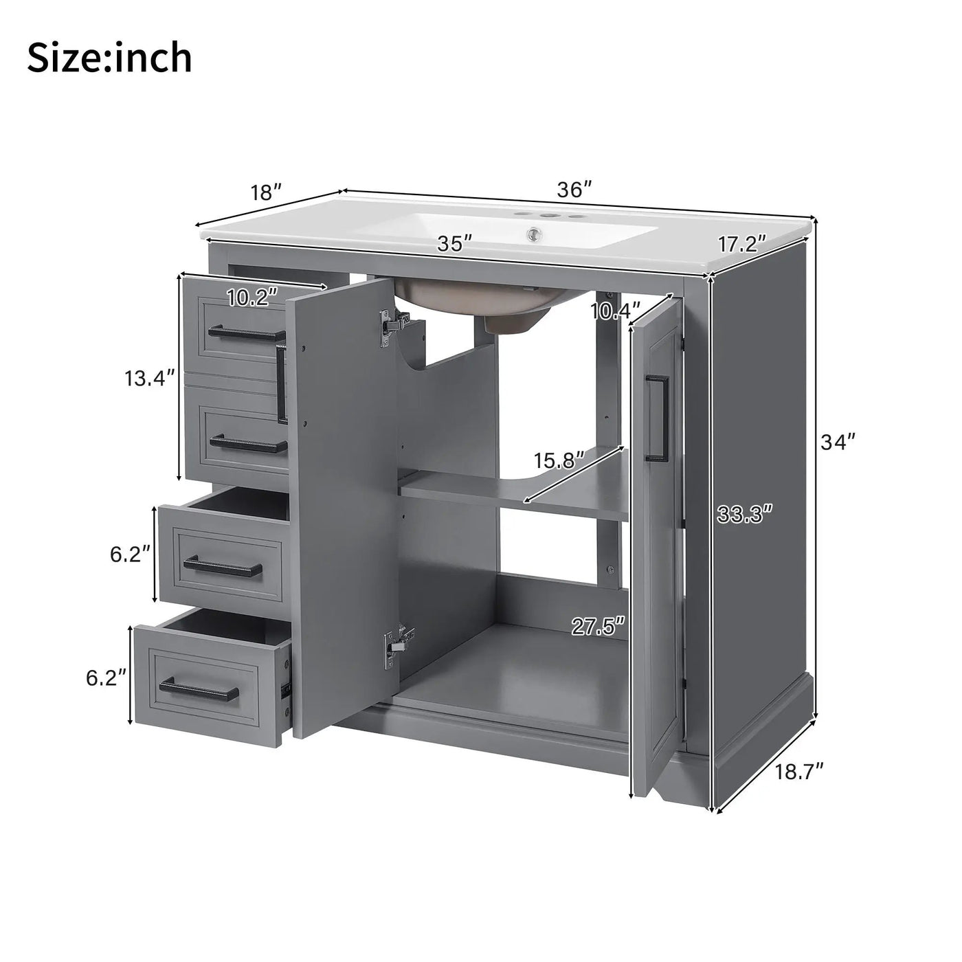 Bathroom Vanity With Sink, Soft Close Doors, Adjustable Shelf & 3 Drawers by Unique Piece Furniture