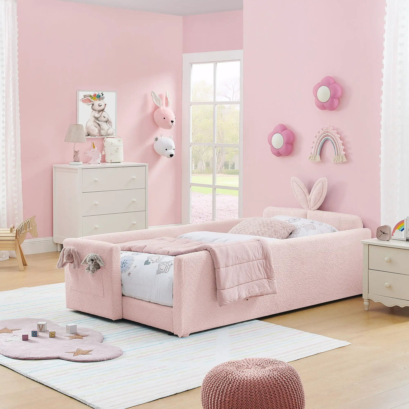 Cute Rabbit Ear Upholstered Platform Bed Frame With Safety Rail by Unique Piece Furniture
