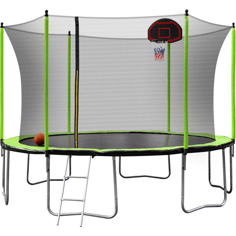 14Ft Trampoline With Basketball Hoop Inflator And Ladder (Inner Safety Enclosure) - Green by HouseOfZazla