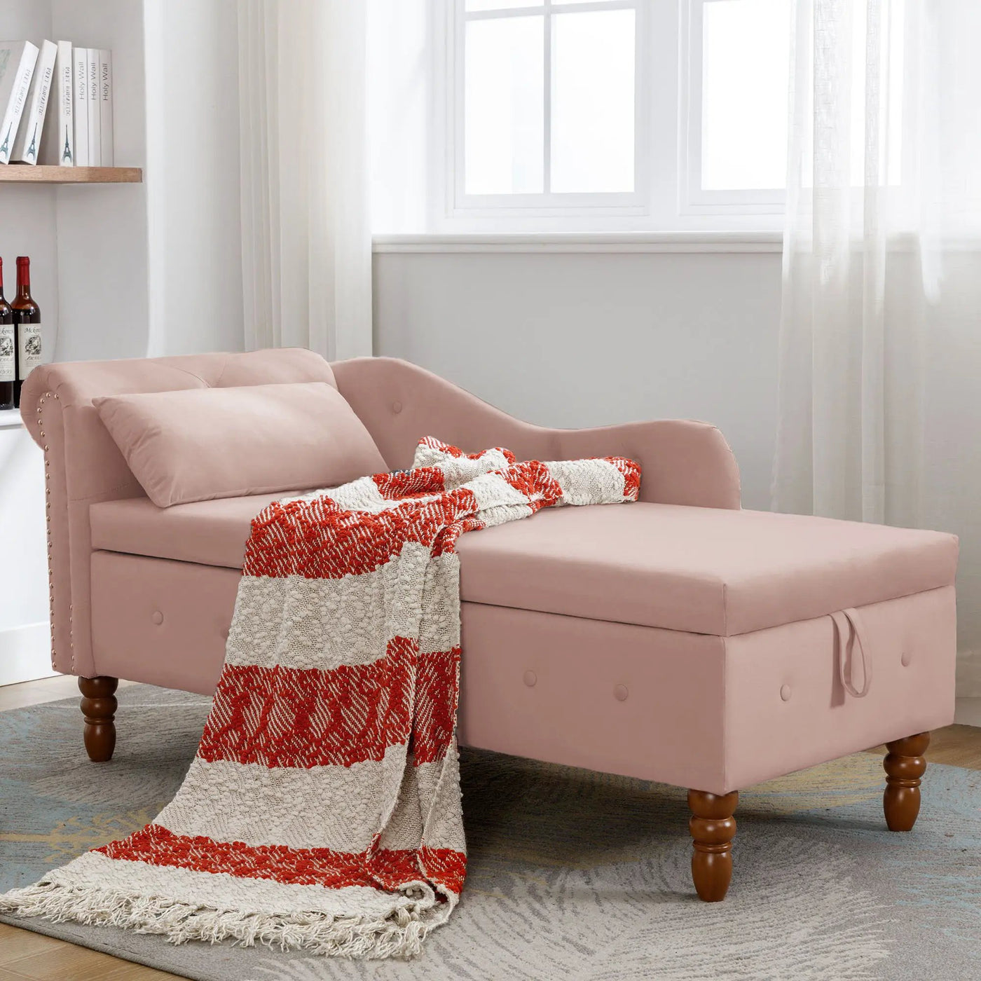 Chaise Lounge Indoor, Lounge Chair For Bedroom With Storage & Pillow, Modern Upholstered Rolled Arm Chase Lounge For Sleeping With Nailhead Trim For Living Room Bedroom Office by Unique Piece Furniture