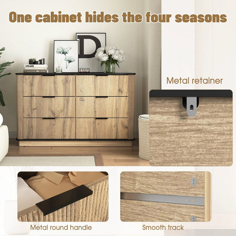 Modern 6 Drawer Cabinet With Metal Rounded Corners And Exquisite Handles Multi Functional Storage - Natural Wood by HouseOfZazla