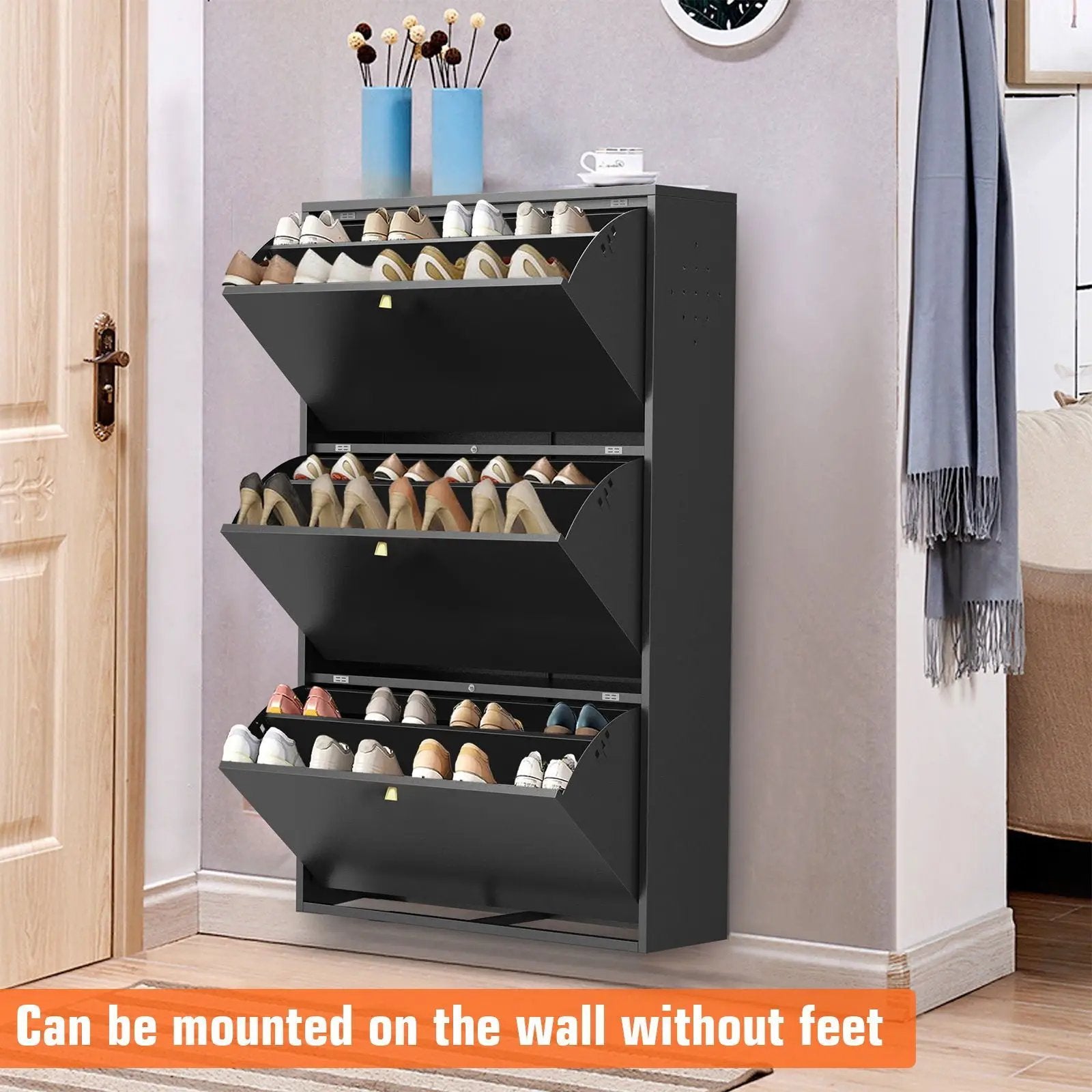 3 Drawer All Steel Shoe Cabinet, Freestanding Storage Organizer With Flip Door by Unique Piece Furniture