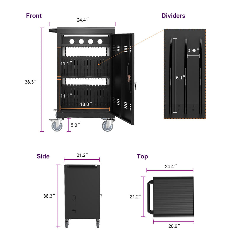 Mobile Charging Cart And Cabinet For Tablets Laptops 32-Device - Matt Black by HouseOfZazla