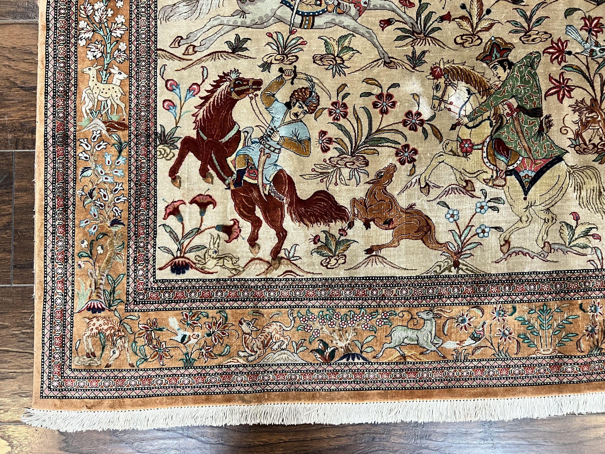Silk Persian Qum Rug 3x5, Hunting Pattern, Handmade Vintage Carpet, Signed by Master Weaver, Horsemen Pictorials, Super Fine 650 KPSI by Jewel Rugs