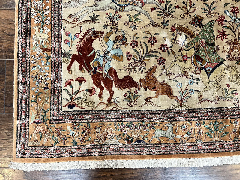 Silk Persian Qum Rug 3x5, Hunting Pattern, Handmade Vintage Carpet, Signed by Master Weaver, Horsemen Pictorials, Super Fine 650 KPSI by Jewel Rugs