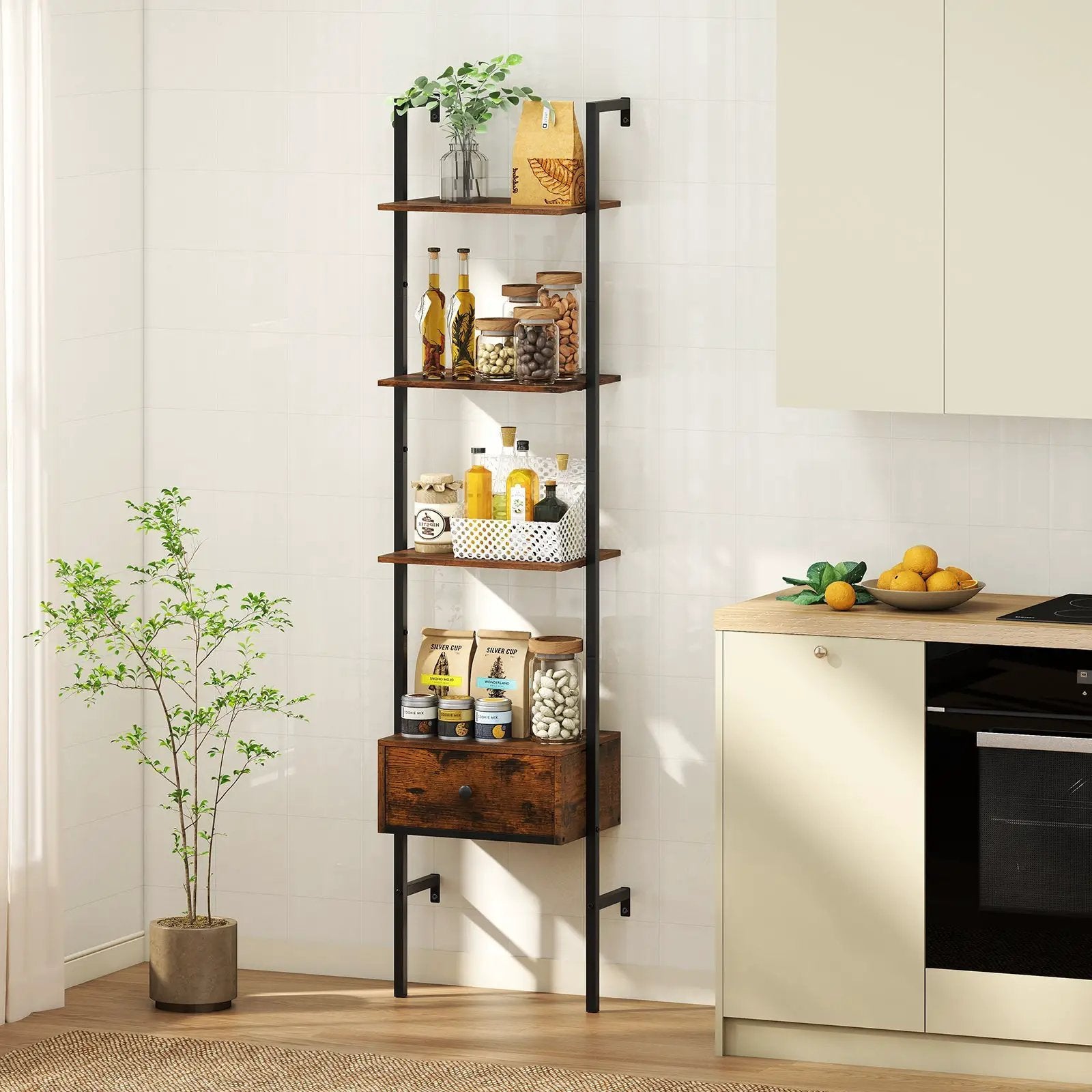5-Tier Ladder Bookcase with Drawer and Metal Frame for Study Home Office-Rustic Brown by DirectDeals