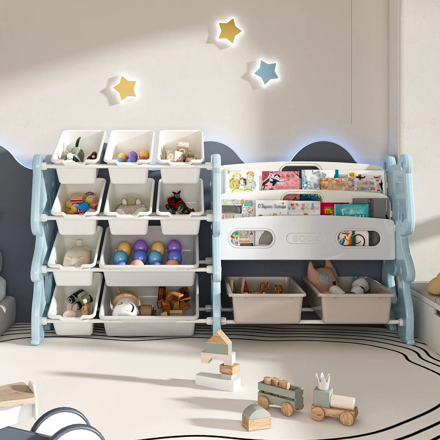 Kids Toy Storage Organizer With 2 Tier Bookshelf, Toy Storage With 12 Bins by Unique Piece Furniture