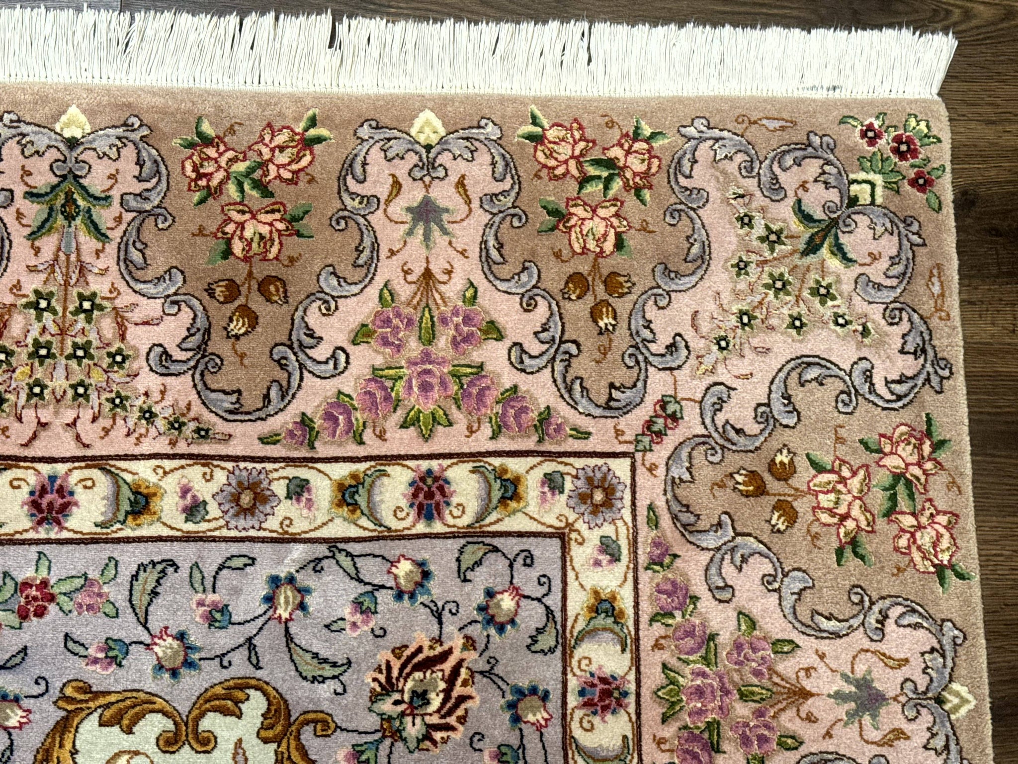 Wonderful Persian Tabriz Rug 7x10, Very Fine 330 KPSI, Light Green Light Blue Pink, Kork Wool Silk Foundation, Bird Pictorials by Jewel Rugs