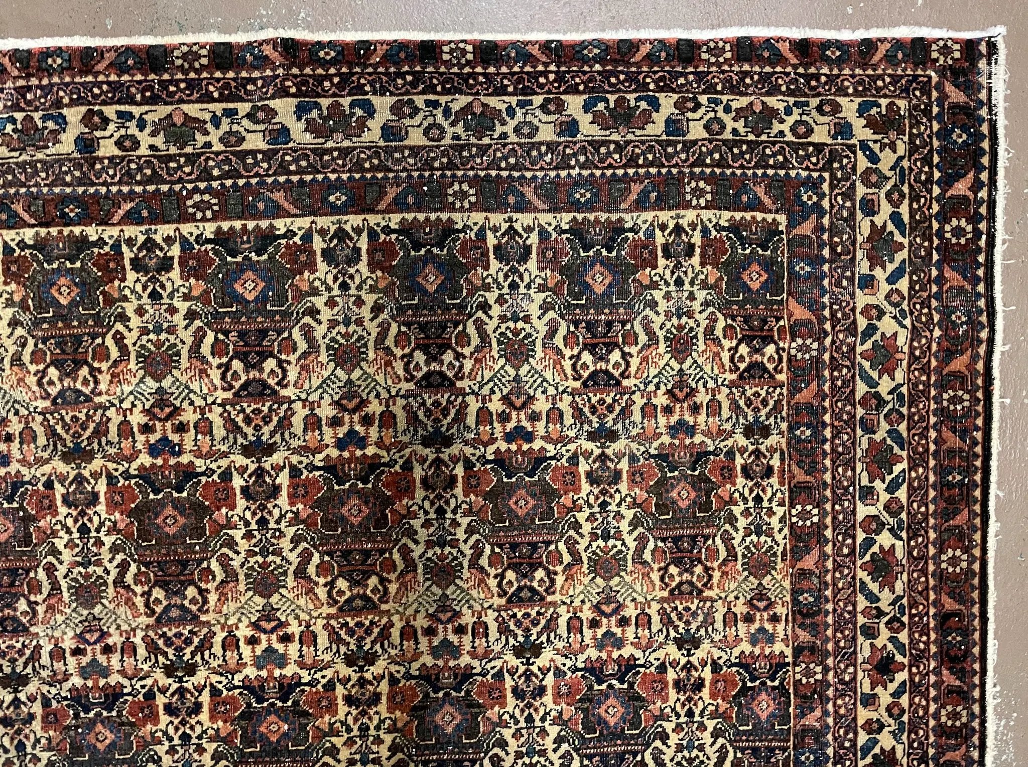 Antique Persian Afshar Rug 5x7, Wool Hand Knotted Oriental Carpet 5 x 7 ft, Repeated Motif Allover, Cream and Maroon, Tribal Rug, Medium Sized Rug, Zil-i-Sultan Design by Jewel Rugs