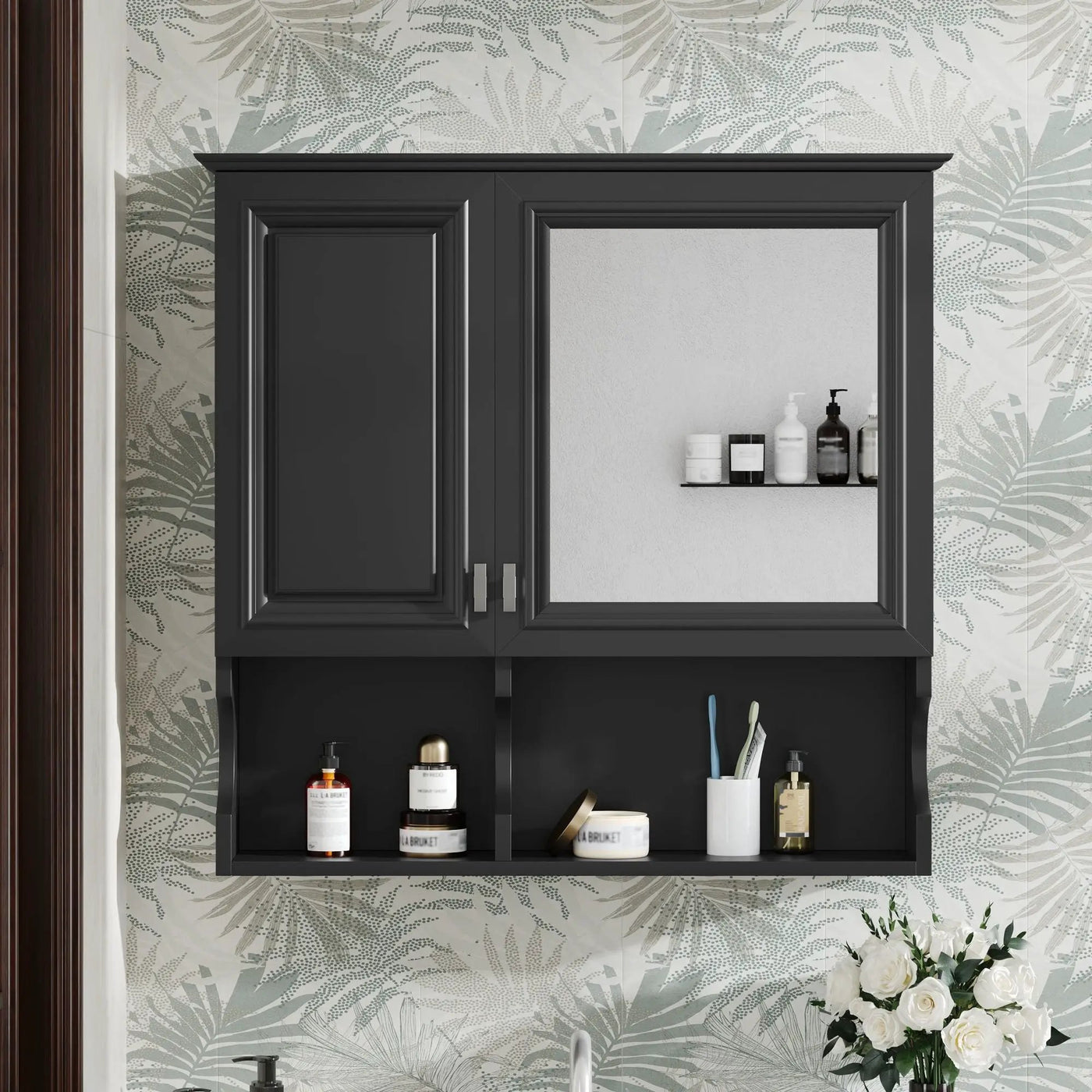 Wall Mounted Mirror Medicine Cabinet, Bathroom Storage With Doors And Open Shelves by Unique Piece Furniture