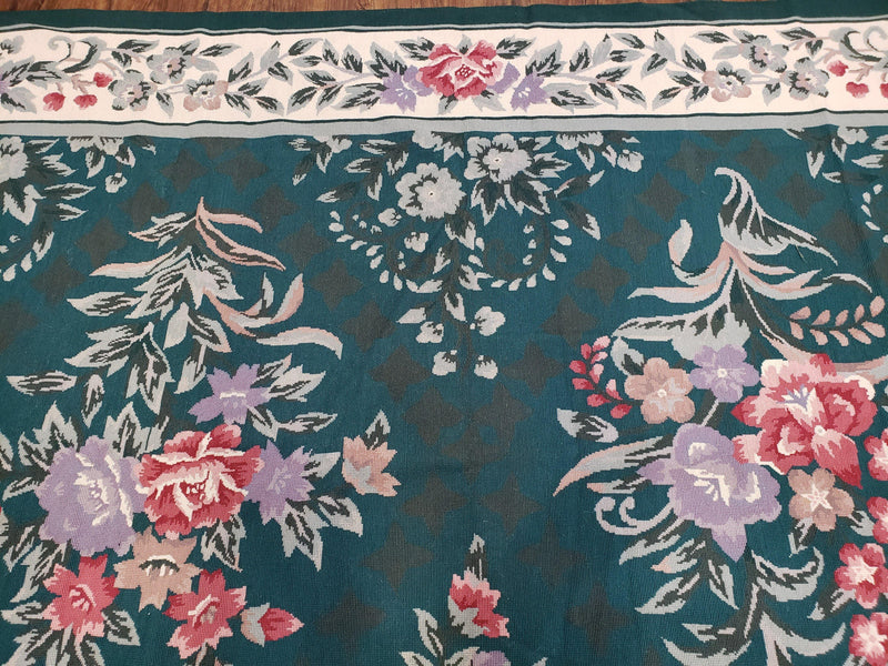 Chinese Needlepoint Rug 8x10, Vintage Green Area Rug, Hand-Woven Flatweave Floral European Design Carpet Wool Handmade 8x 10 Living Room Rug by Jewel Rugs